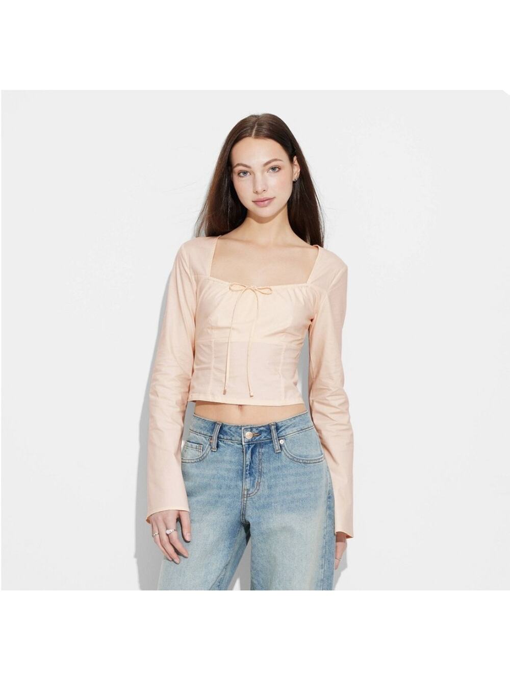 NWT Wild Fable Milkmaid Crop Top Womens Small Pale Peach Bell Sleeves Coquette